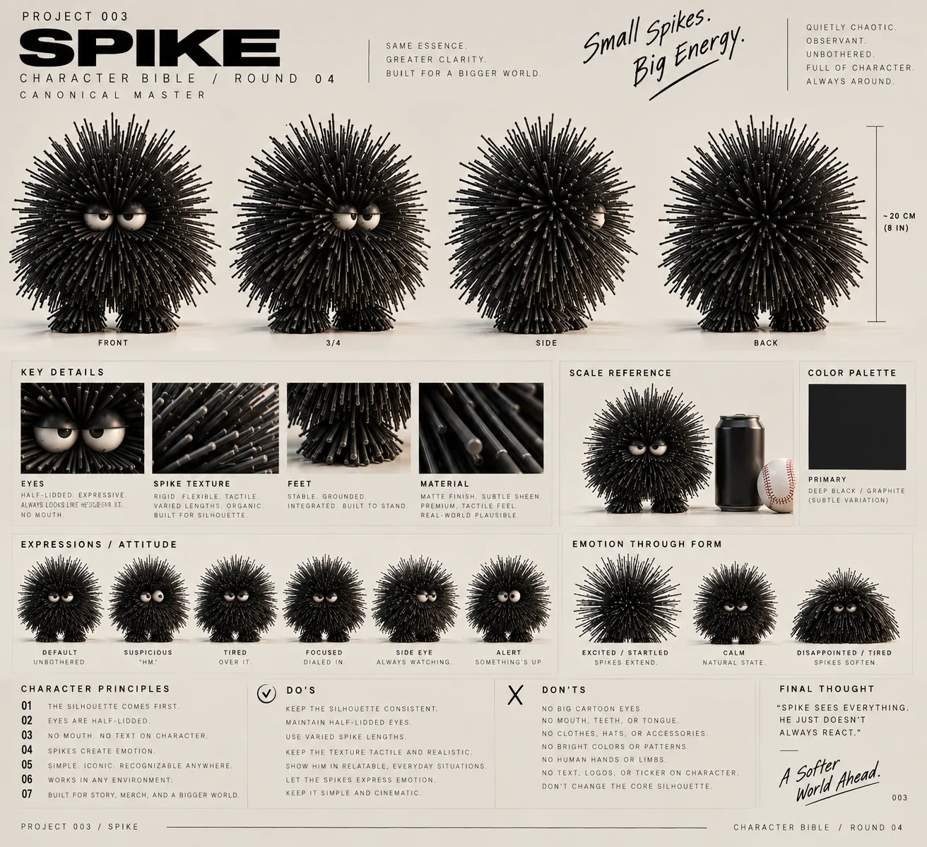 SPIKE canonical reference board showing a bristled silhouette, half-lidded eyes, proportions and character construction.