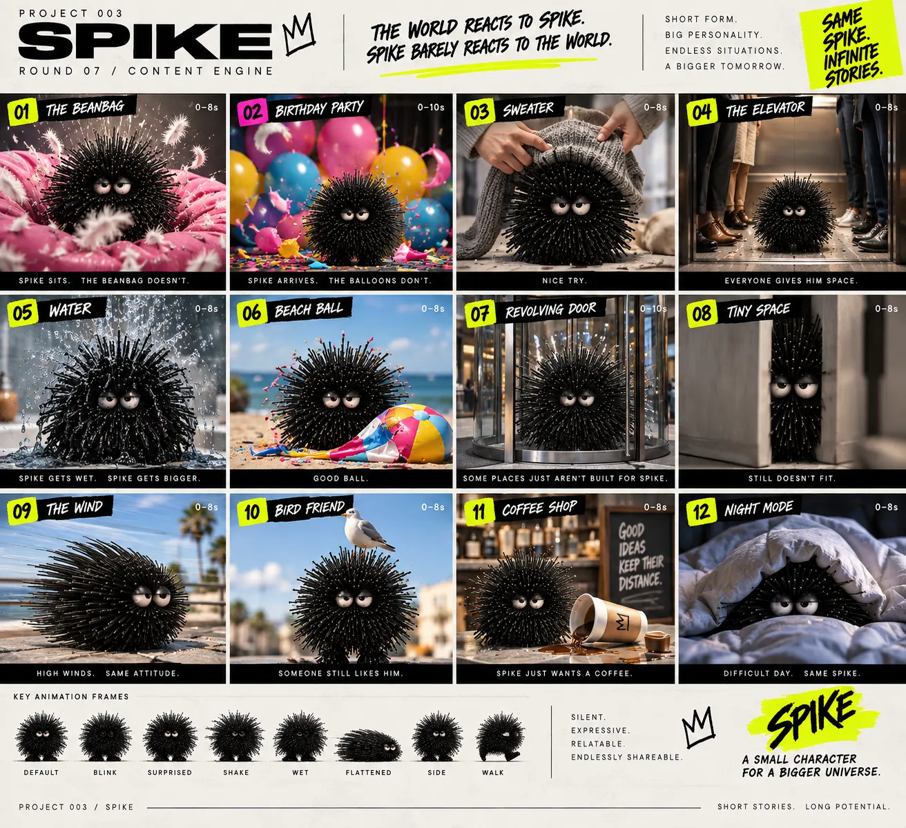 SPIKE content engine board showing visual situations driven by bristles and a restrained expression.