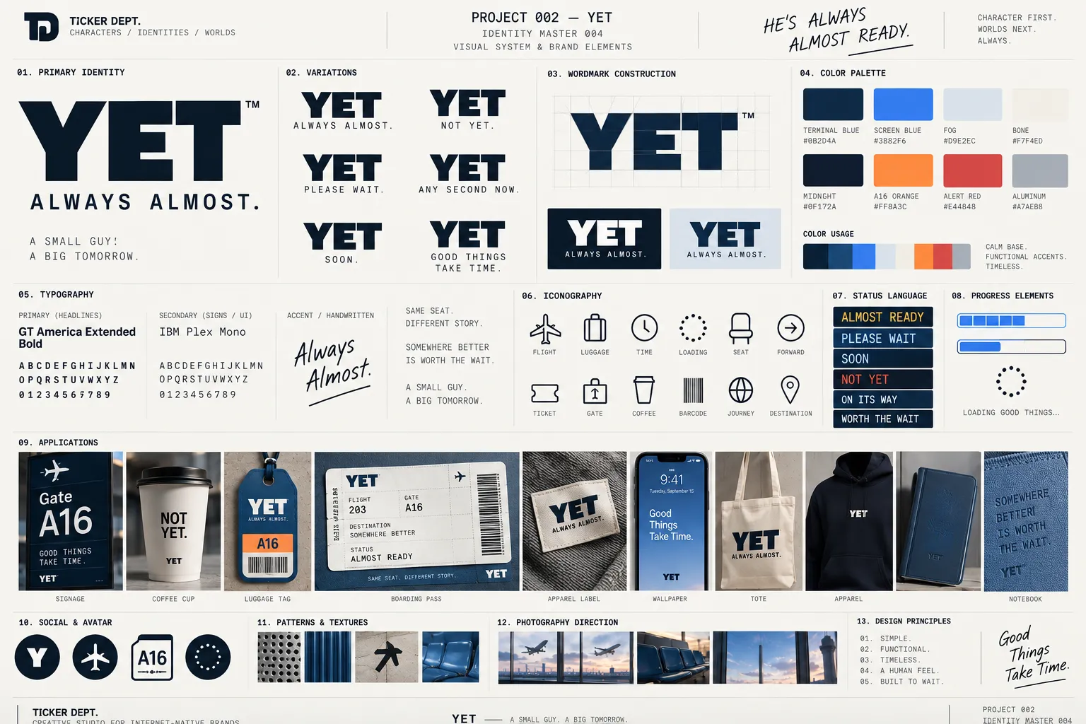 YET identity master showing wordmarks, transit typography, palette, status language and concept applications.