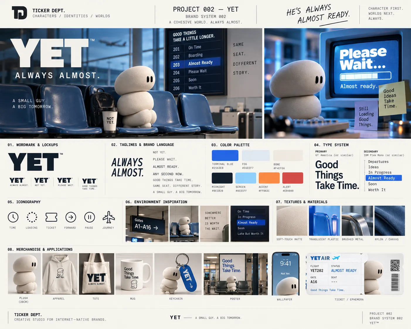 YET brand system combining airport waiting spaces, status-screen language, identity and concept applications.