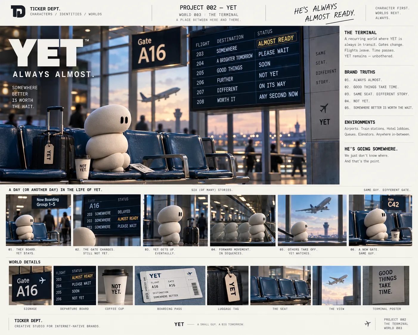 YET waiting at Gate A16, with departure boards, recurring terminal scenes and transit objects.