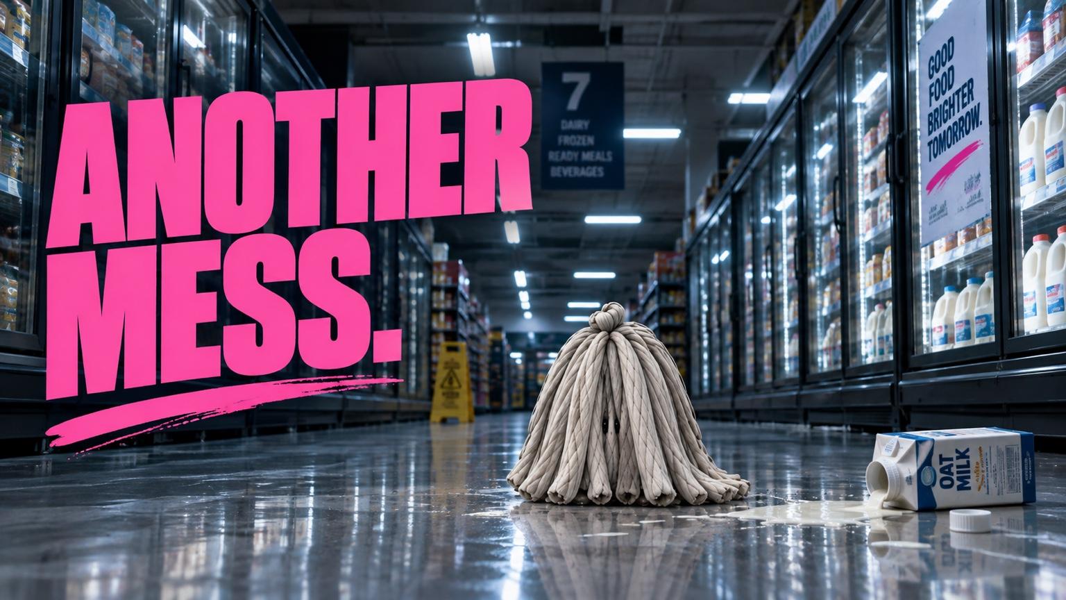 MOP beside a spilled carton in a supermarket, under ANOTHER MESS.