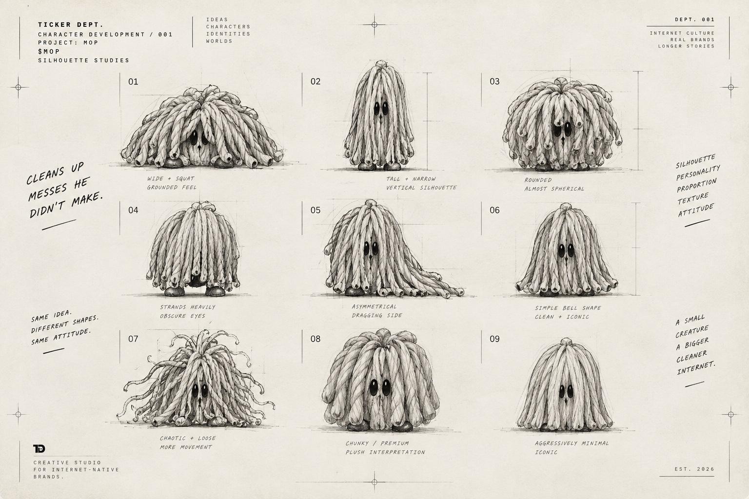 Nine complete silhouette studies exploring MOP proportions and posture.