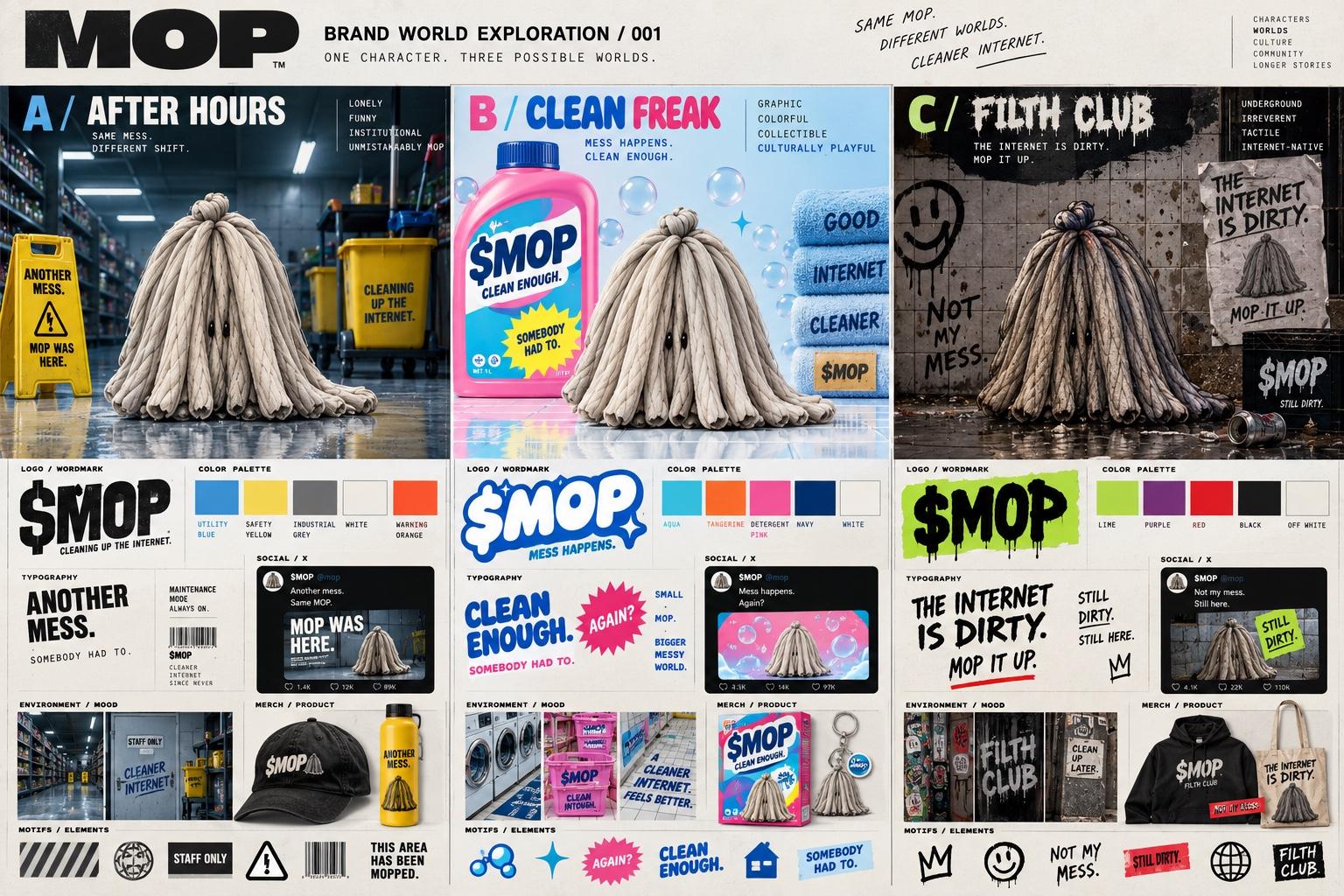 Full exploration of After Hours, Clean Freak and Filth Club brand worlds.