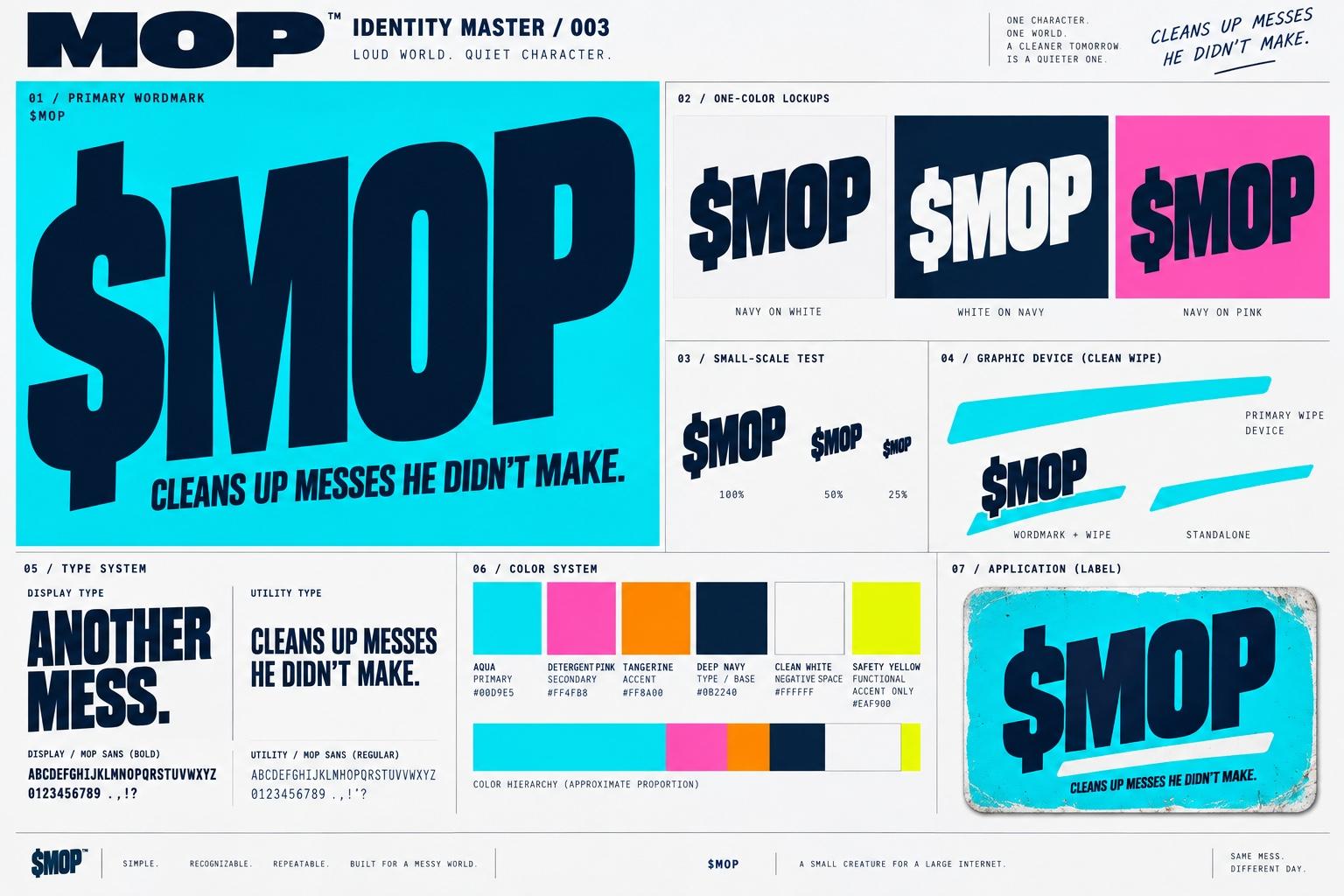 Final MOP identity master: wordmark, palette, wipe device, typography, scale tests and label application.