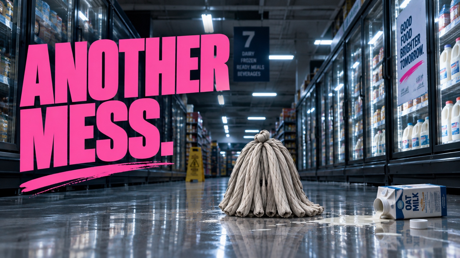 MOP in a supermarket beside a spill beneath ANOTHER MESS.