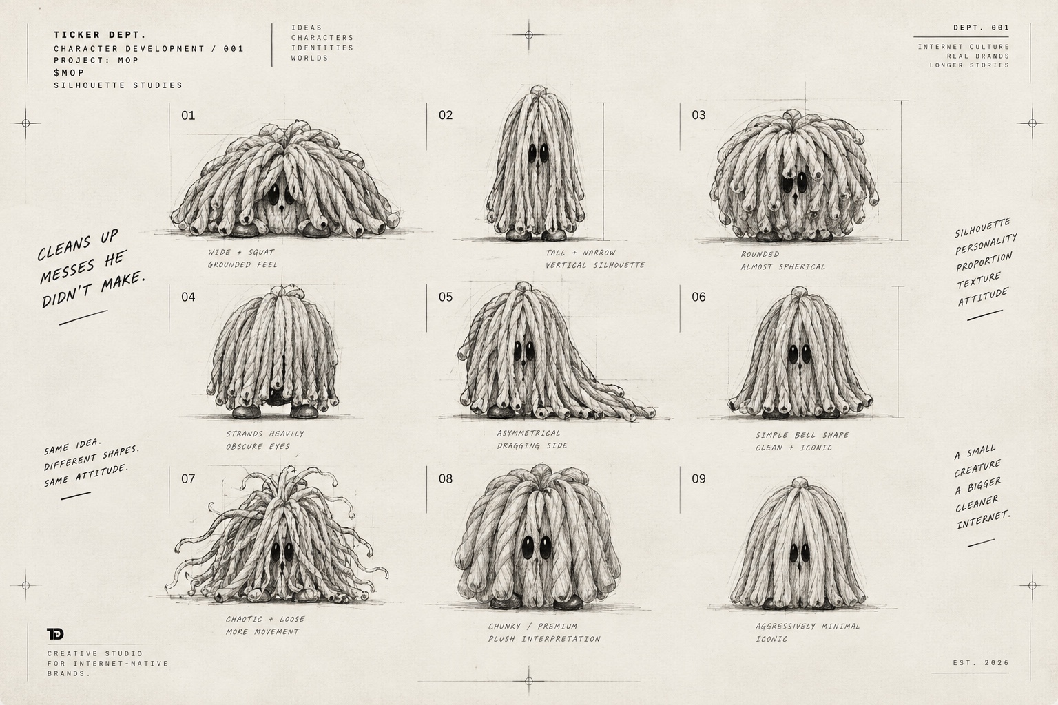 Nine complete silhouette studies exploring MOP proportions and posture.
