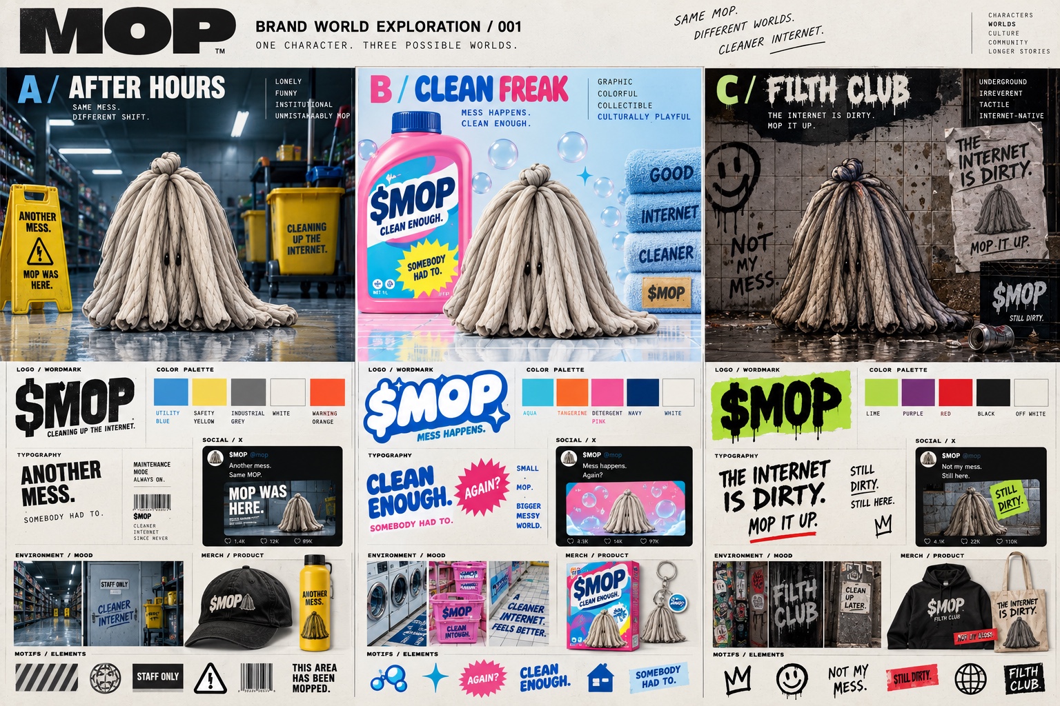 Full exploration of After Hours, Clean Freak and Filth Club brand worlds.