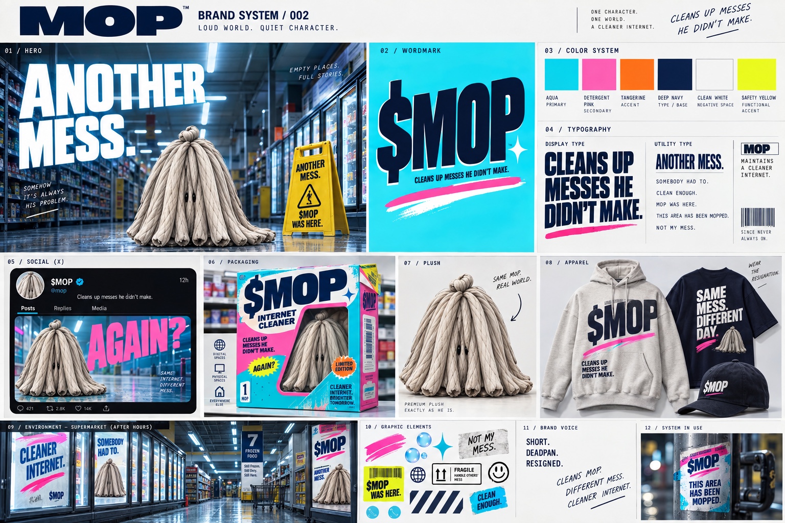 MOP brand direction showing aqua, pink and navy with campaign, packaging and merchandise concepts.